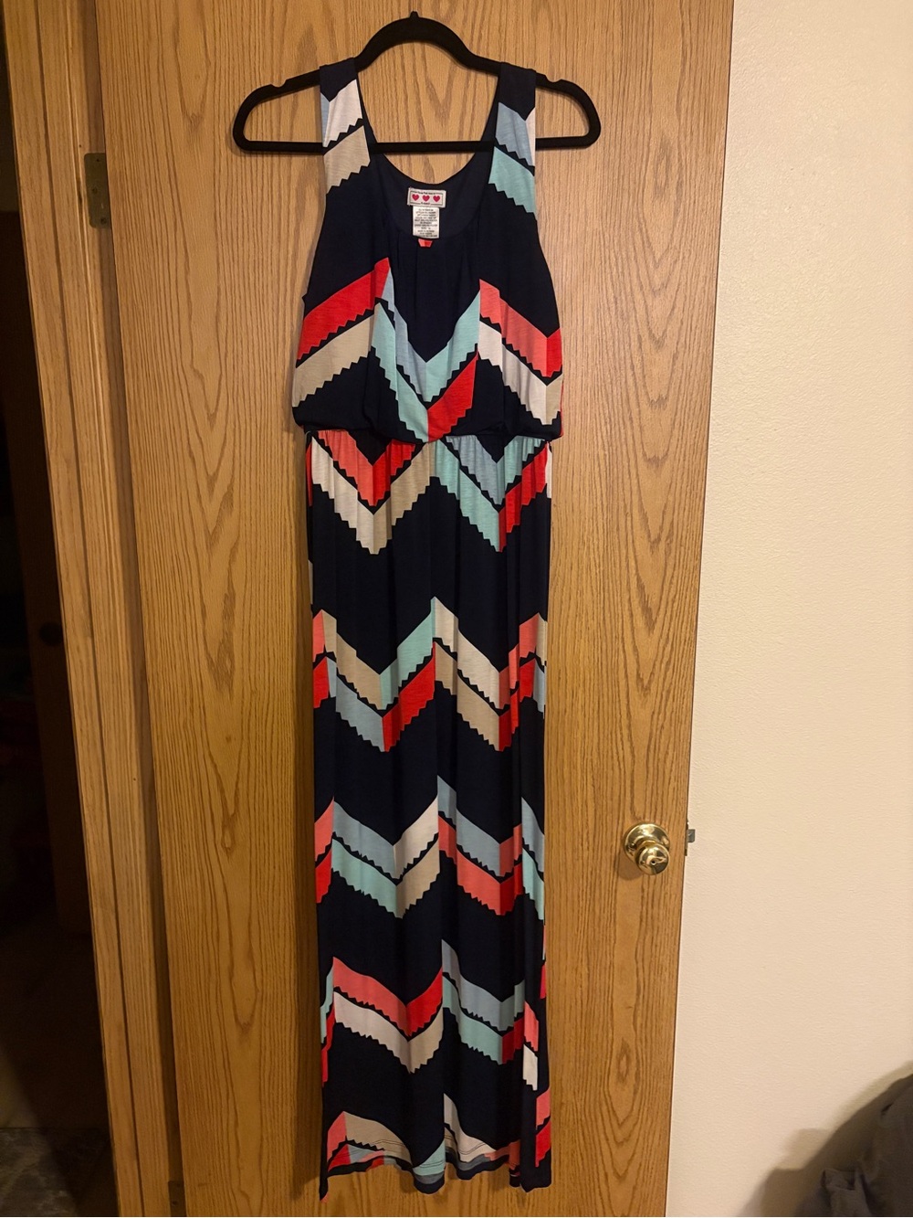 Sleeveless Chevron Maxi Dress - Navy with Coral & Mint
